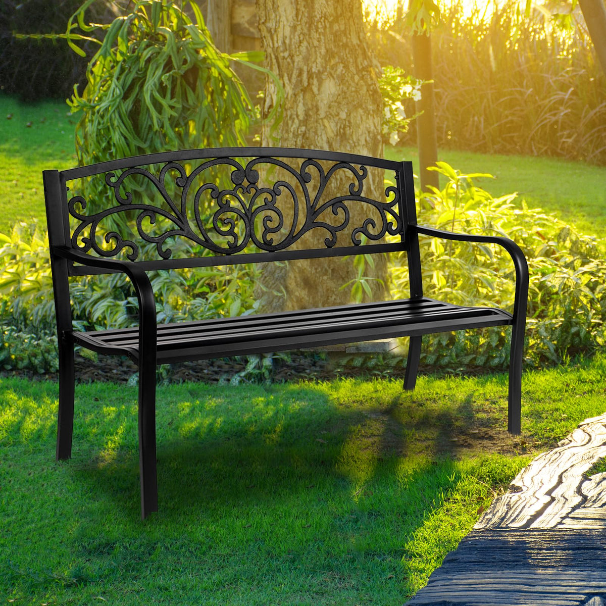 50in Black Metal Outdoor Bench with Armrests F665