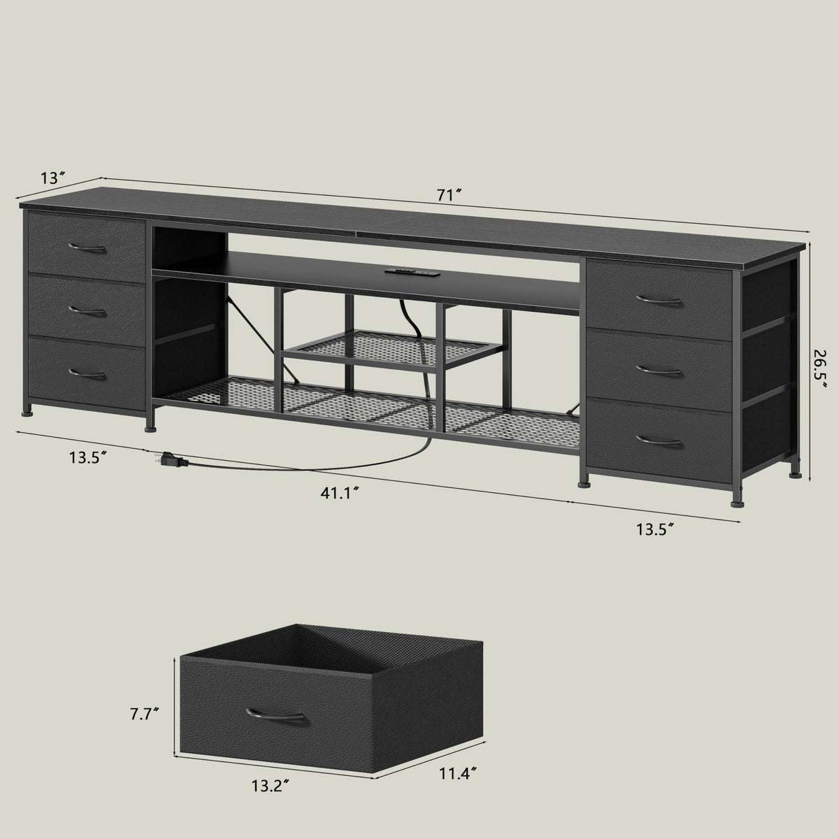 Black Dresser TV Stand with LED Lights & Charging Station C536