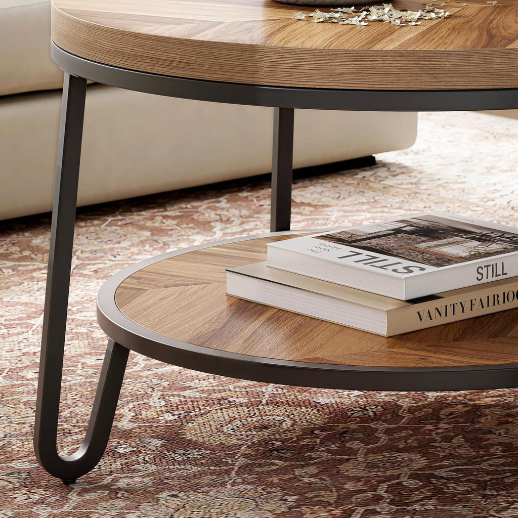 32" Round Coffee Table with 2-Tier Storage Shelf F813775
