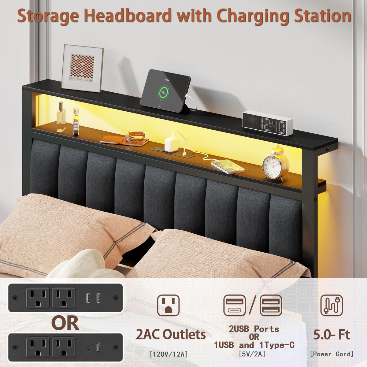 Full Size Bed Frame with Charging Station and LED Lights C40233