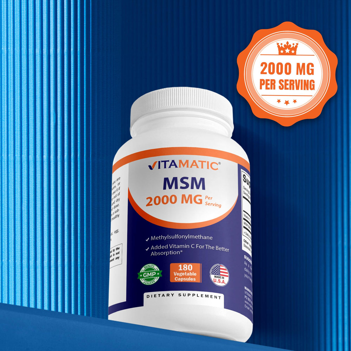 MSM 2000 mg with Vitamin C 180 Veg Capsules Non-GMO Gluten Free G3875