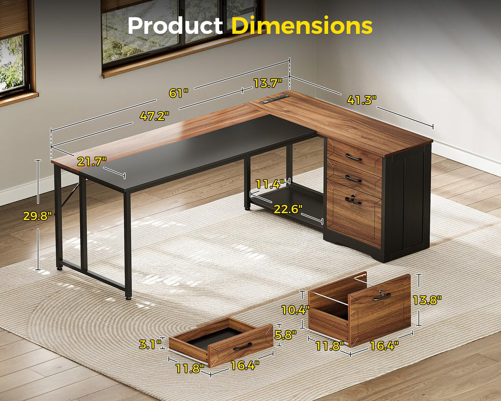 61" L Shaped Office Desk with Wood Drawers E11605