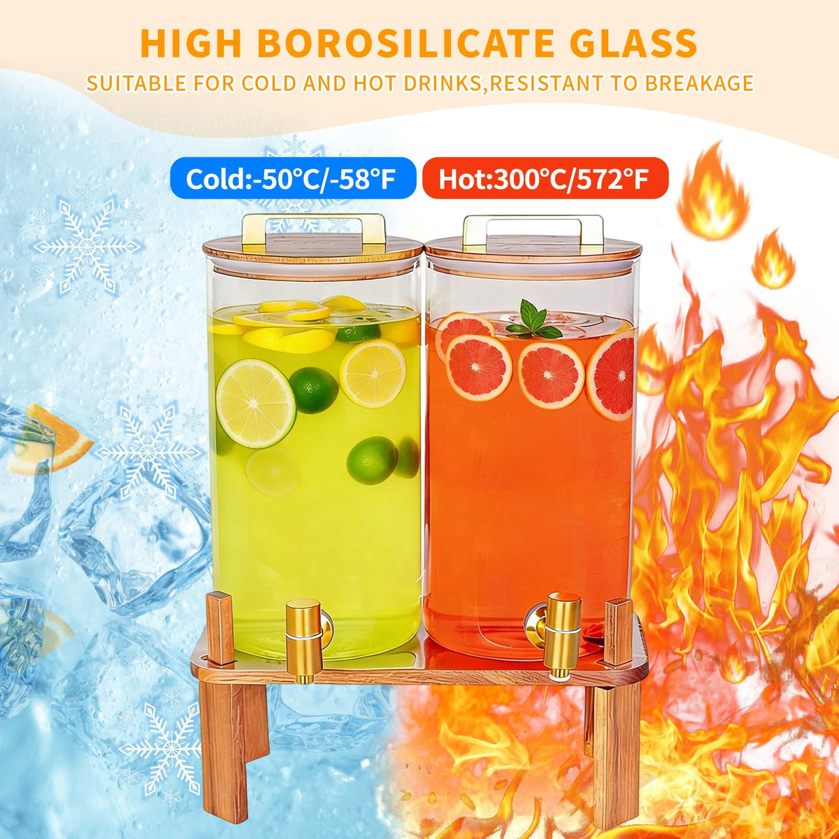 2 Pack 1.5 Gallon Glass Beverage Dispenser with Wooden Lid X698