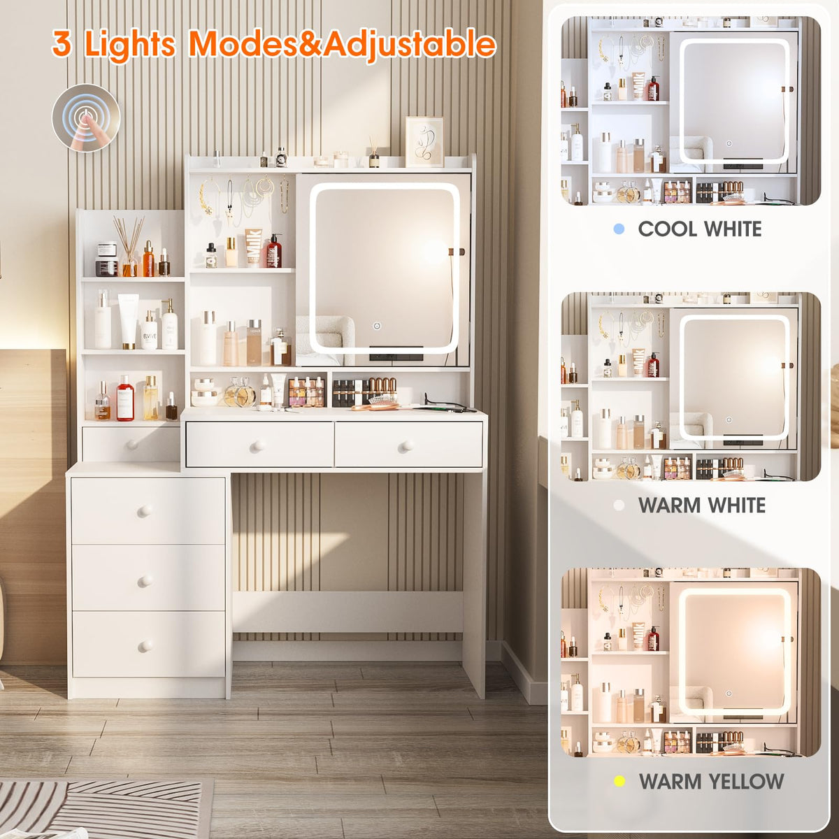 White Vanity Desk with Lighted Mirror and 6 Drawers B689698