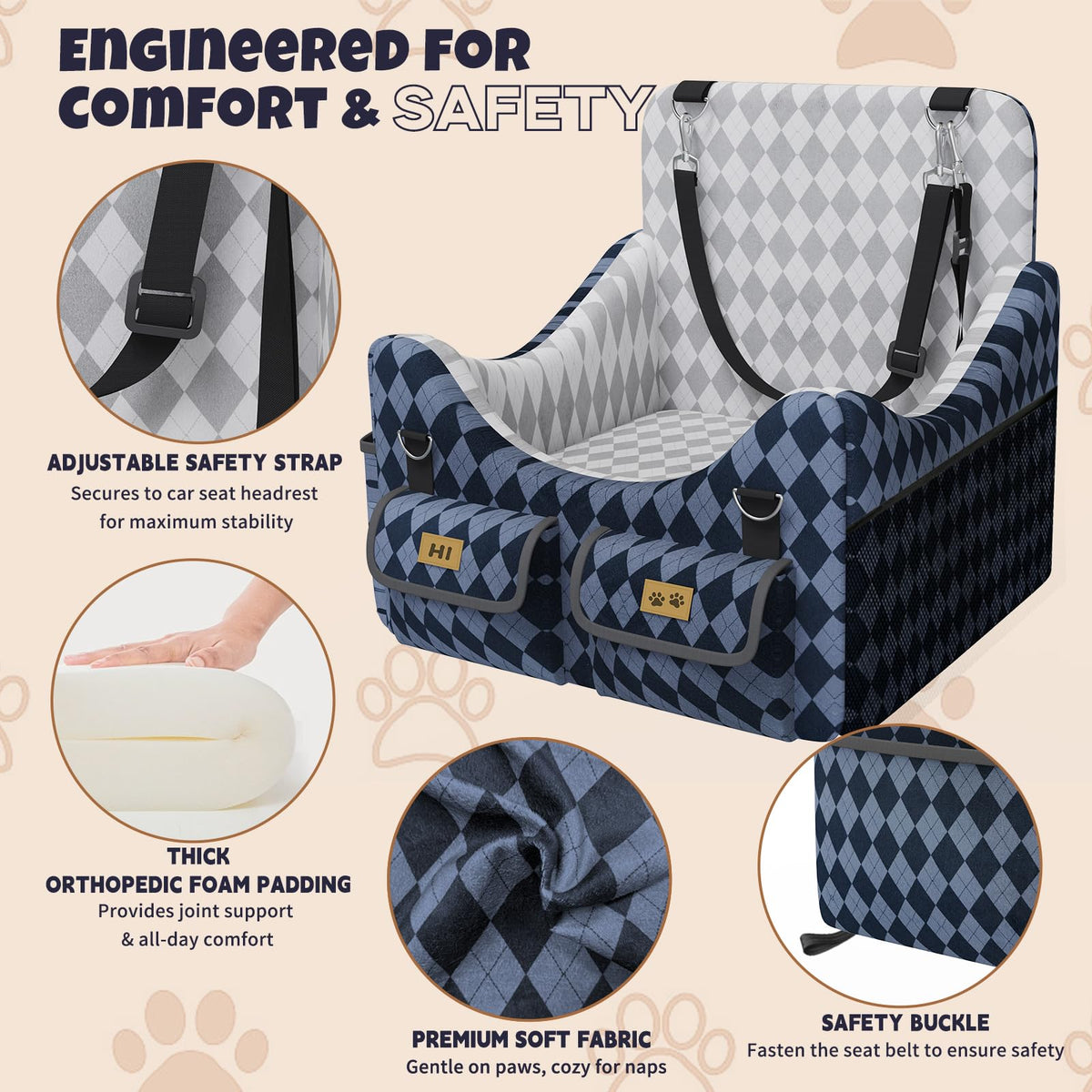 Memory Foam Dog Booster Seat with Safety Belt C7354