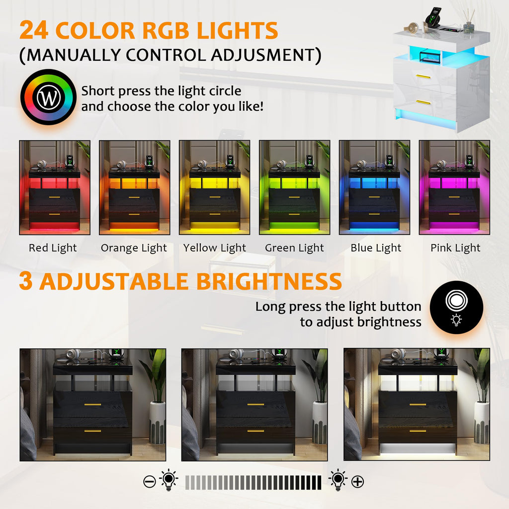 Black LED Nightstand with USB Type-C Charging F734