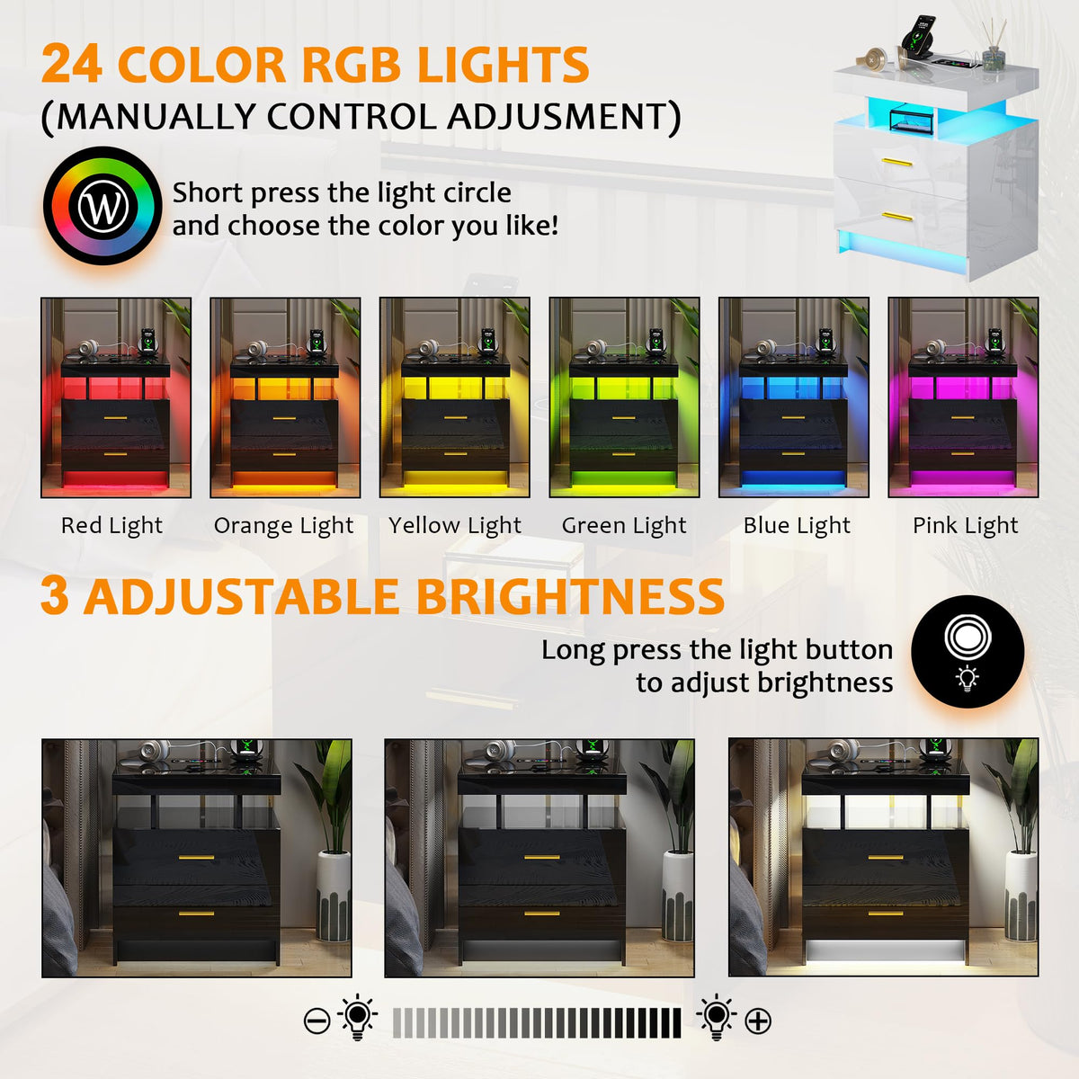 Black LED Nightstand with USB Type-C Charging F734