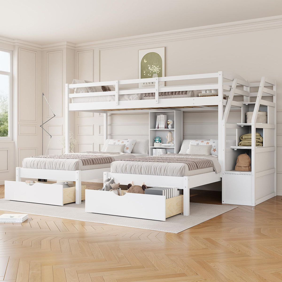 White Wood Twin over Twin Bunk Bed with Storage Drawers and Stairs K63689