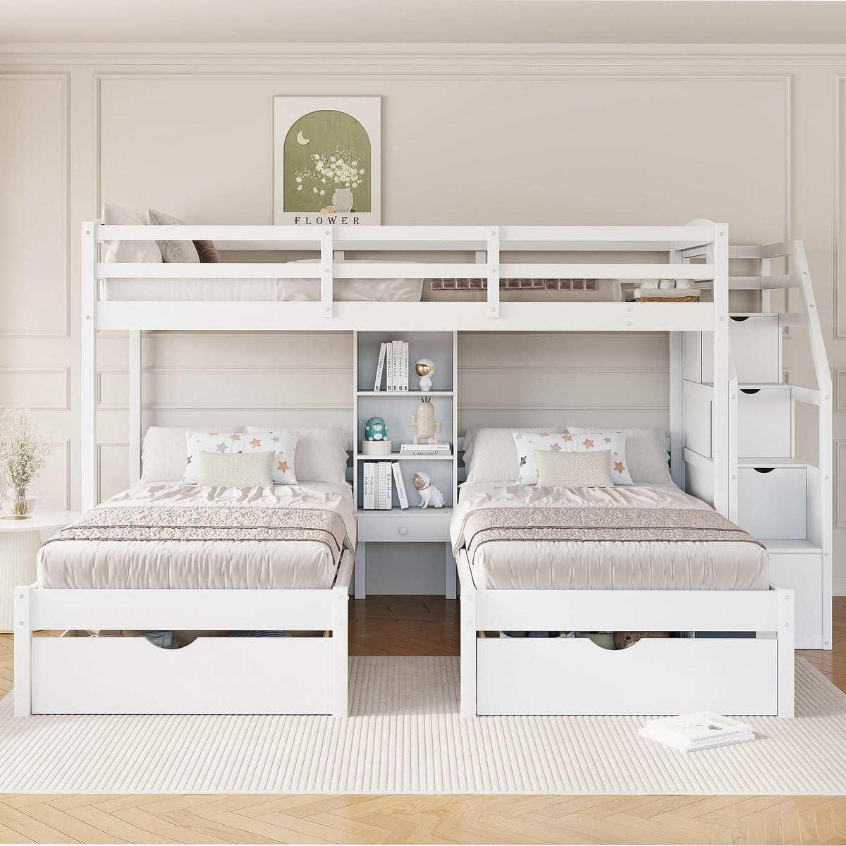 White Wood Twin over Twin Bunk Bed with Storage Drawers and Stairs K63689