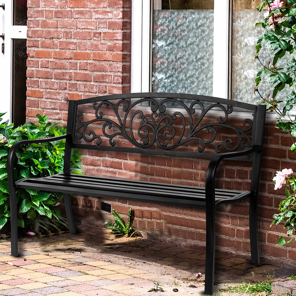 50in Black Metal Outdoor Bench with Armrests F665