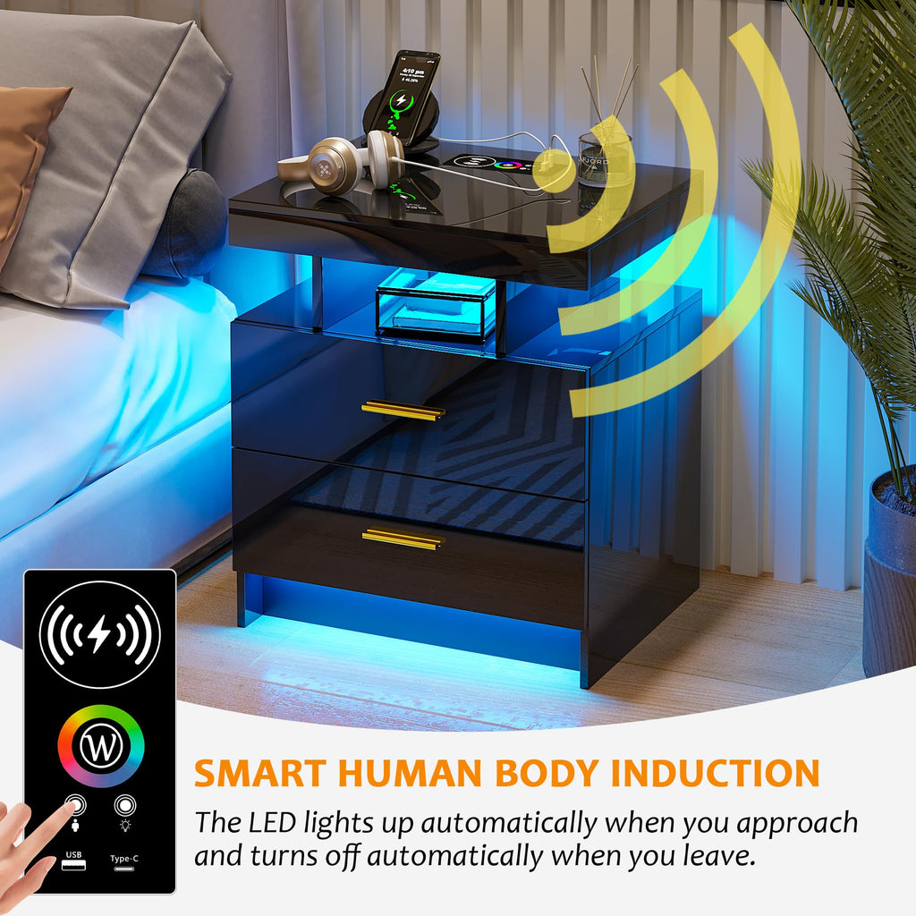 Black LED Nightstand with USB Type-C Charging F734