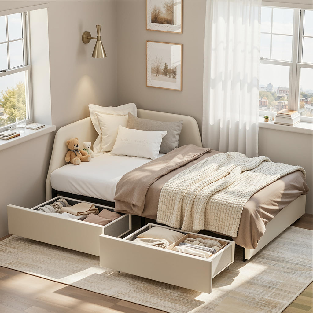 Twin Corner Daybed with 2 Drawers and Headboard, Beige H556193