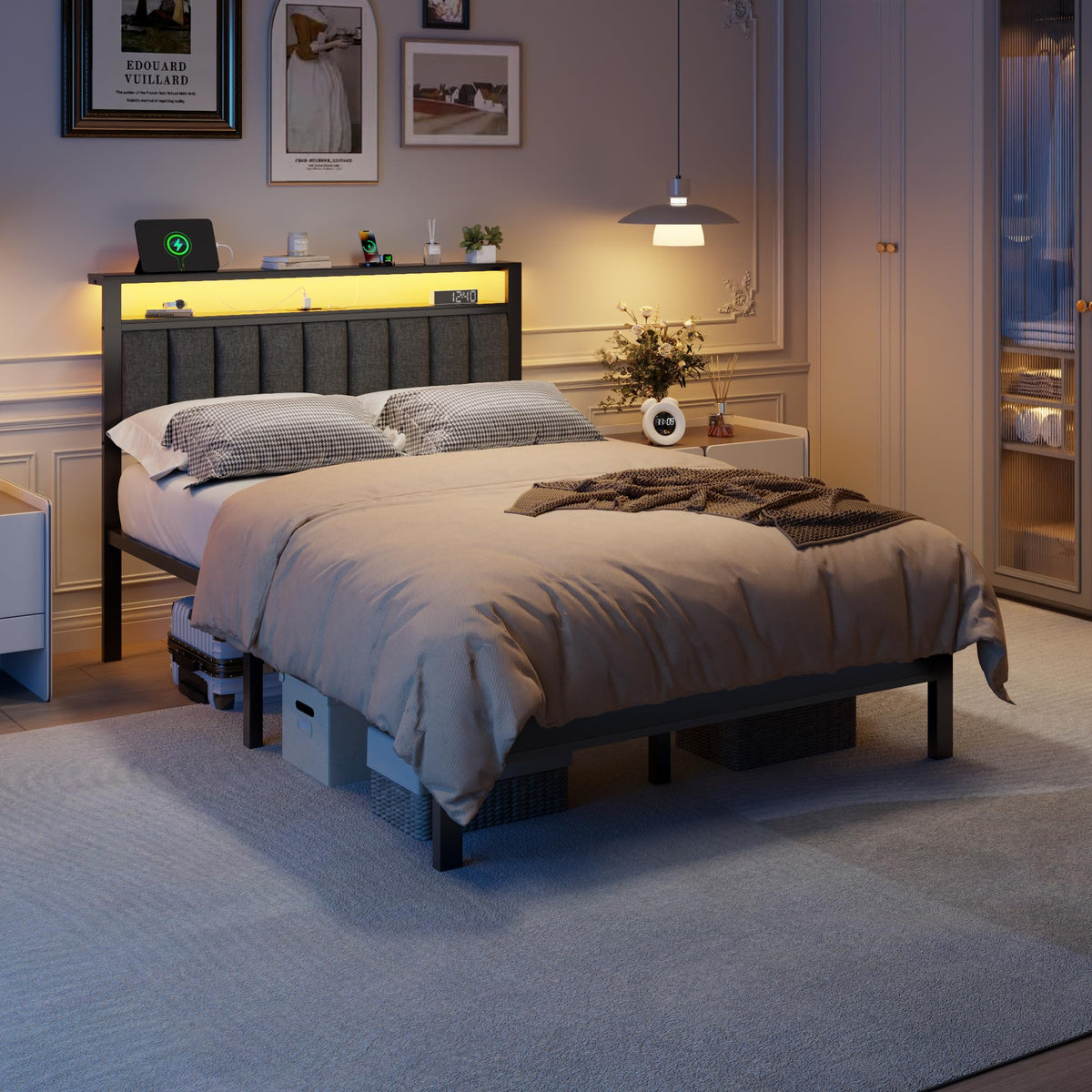Full Size Bed Frame with Charging Station and LED Lights C40233