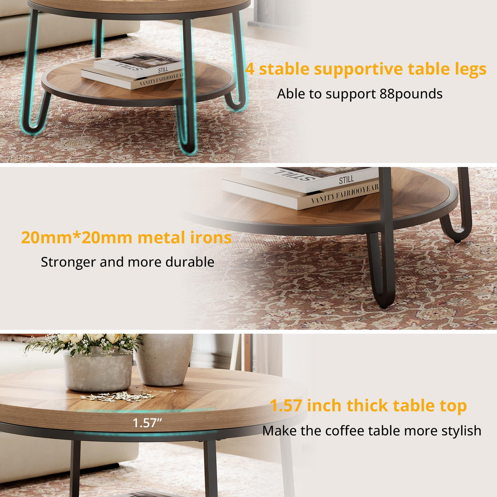 32" Round Coffee Table with 2-Tier Storage Shelf F813775