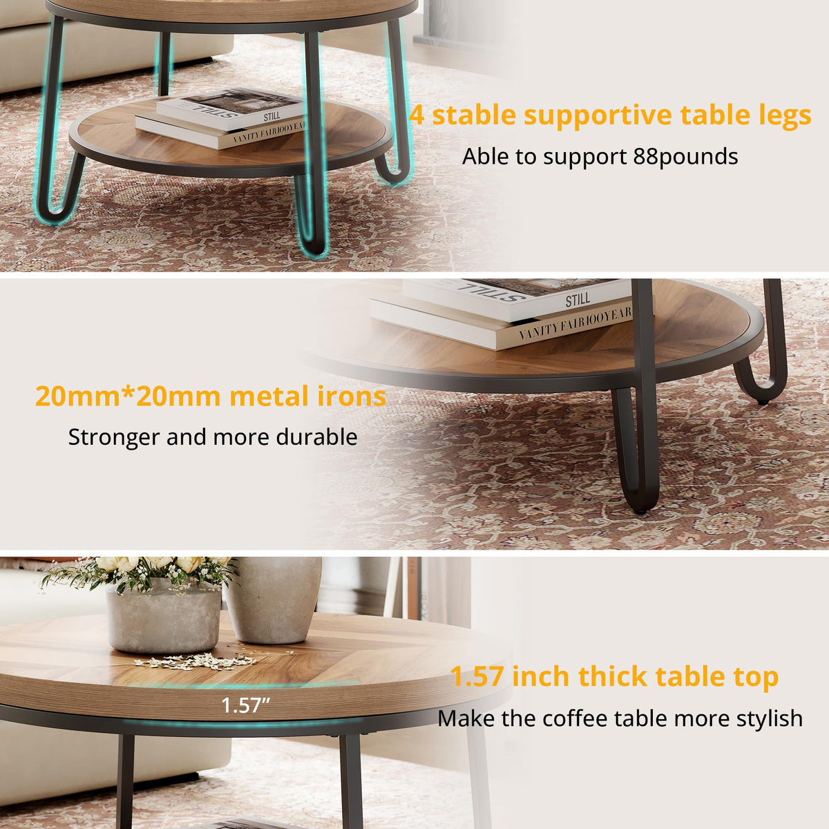 32" Round Coffee Table with 2-Tier Storage Shelf F813775