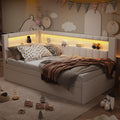White Linen Upholstered Twin Size Daybed with Trundle and Bookcase Headboard J385657