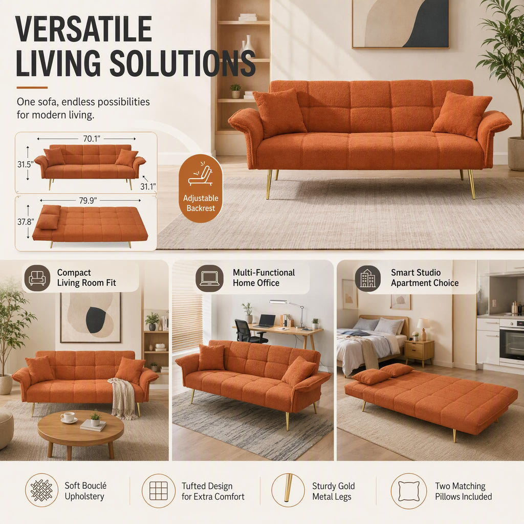 Orange Velvet 2 Seater Futon Sofa Bed D1334