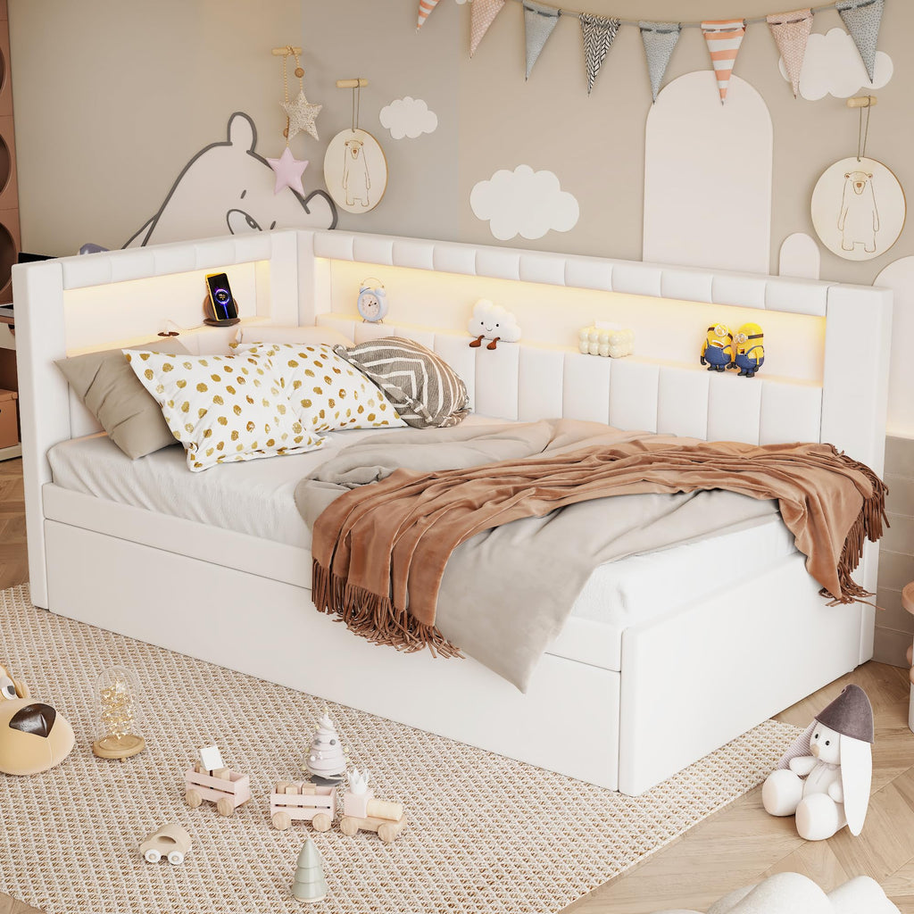 White Linen Upholstered Twin Size Daybed with Trundle and Bookcase Headboard J385657
