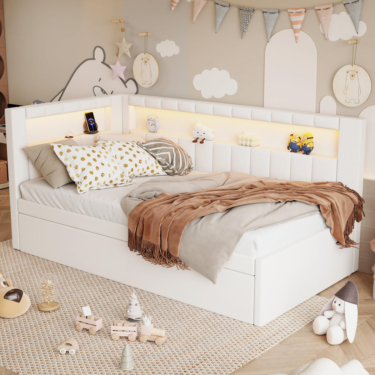 White Linen Upholstered Twin Size Daybed with Trundle and Bookcase Headboard J385657