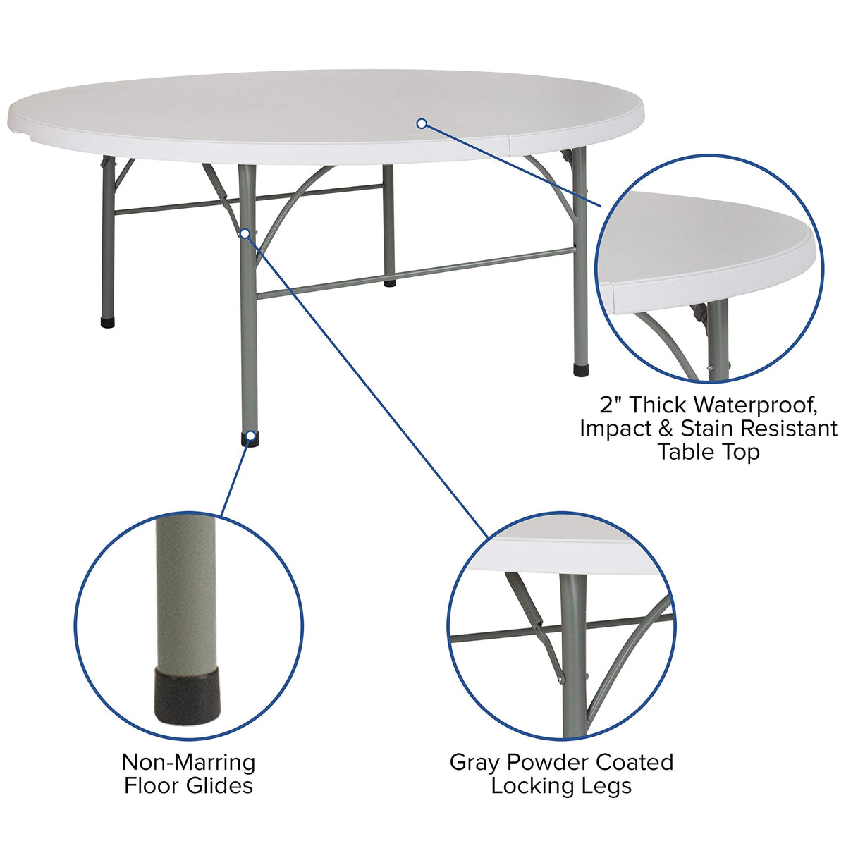 6-Foot Round Bi-Fold Granite White Plastic Folding Table U124608