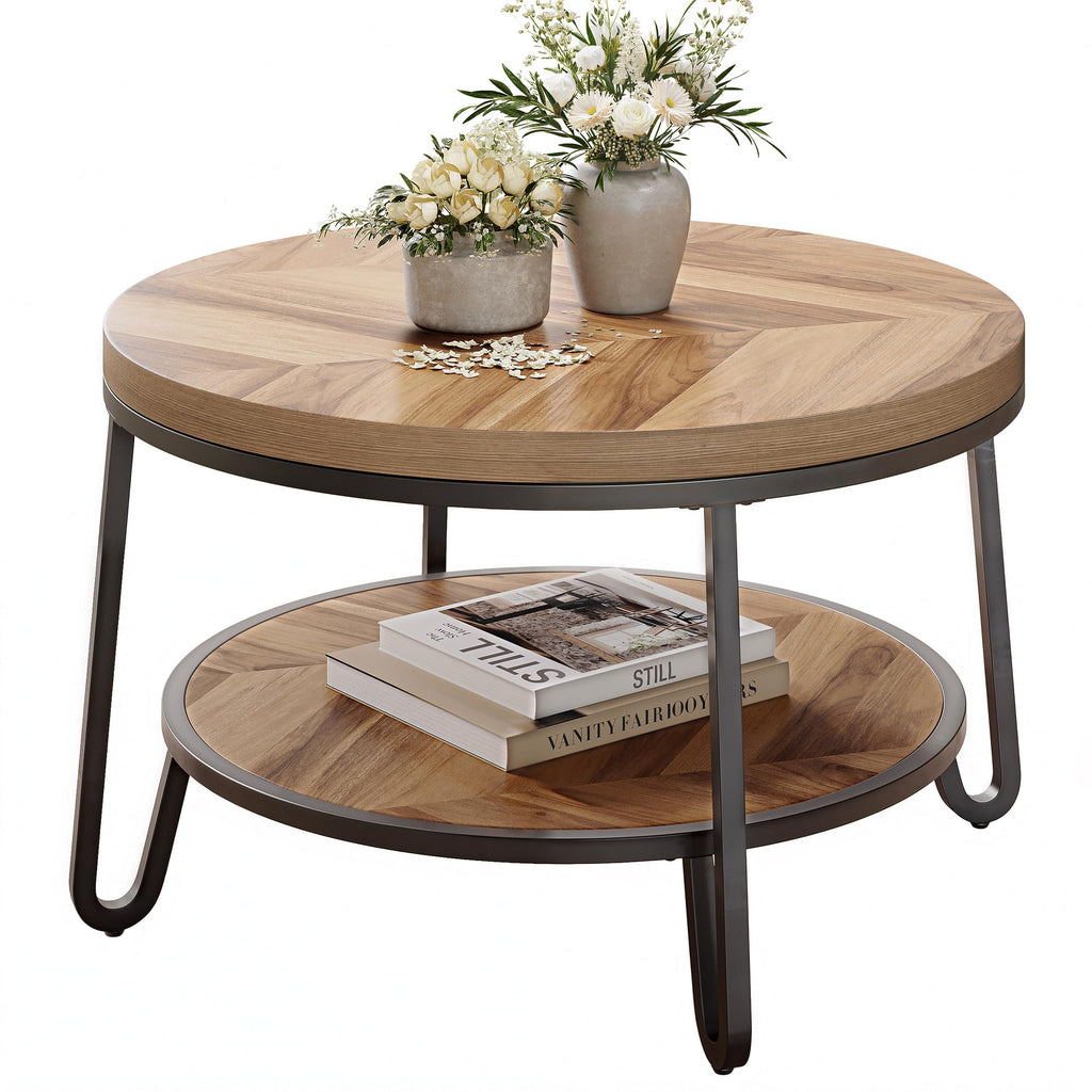 32" Round Coffee Table with 2-Tier Storage Shelf F813775