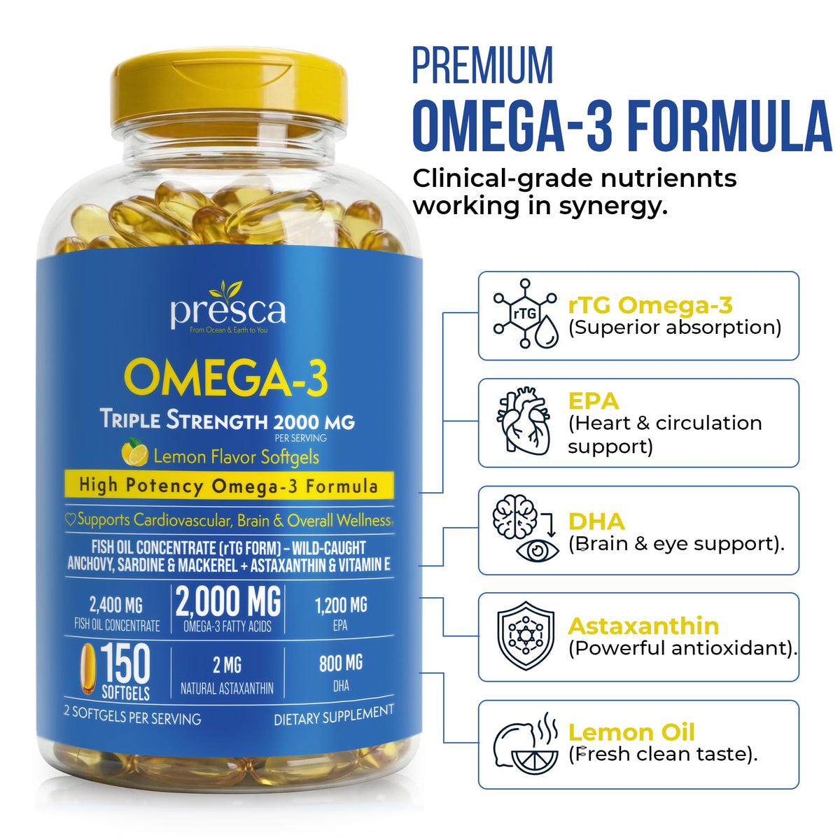 Omega 3 Fish Oil 2400mg 150 Softgels M353523