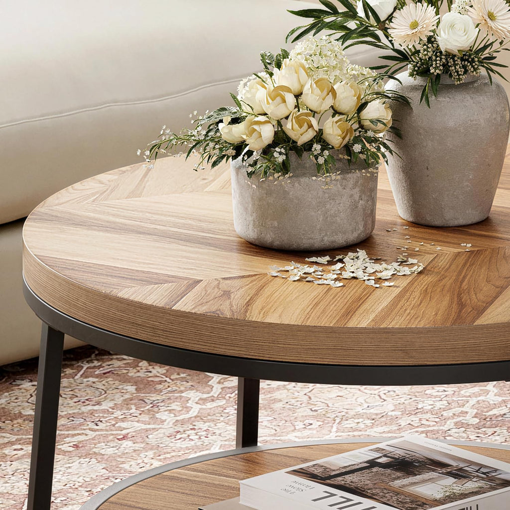 32" Round Coffee Table with 2-Tier Storage Shelf F813775