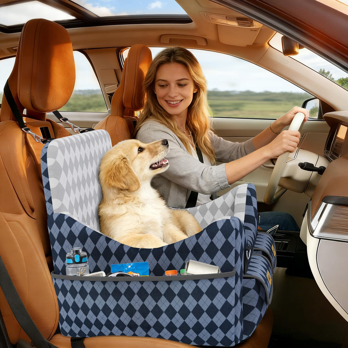 Memory Foam Dog Booster Seat with Safety Belt C7354