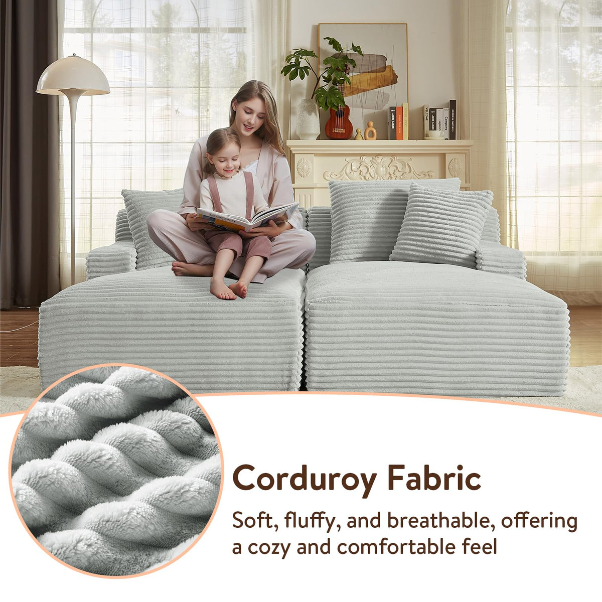 Oversized Corduroy Chaise Lounge Sofa Bed with Throw Pillows N376