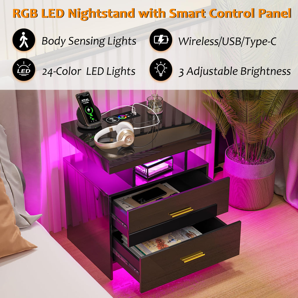 Black LED Nightstand with USB Type-C Charging F734