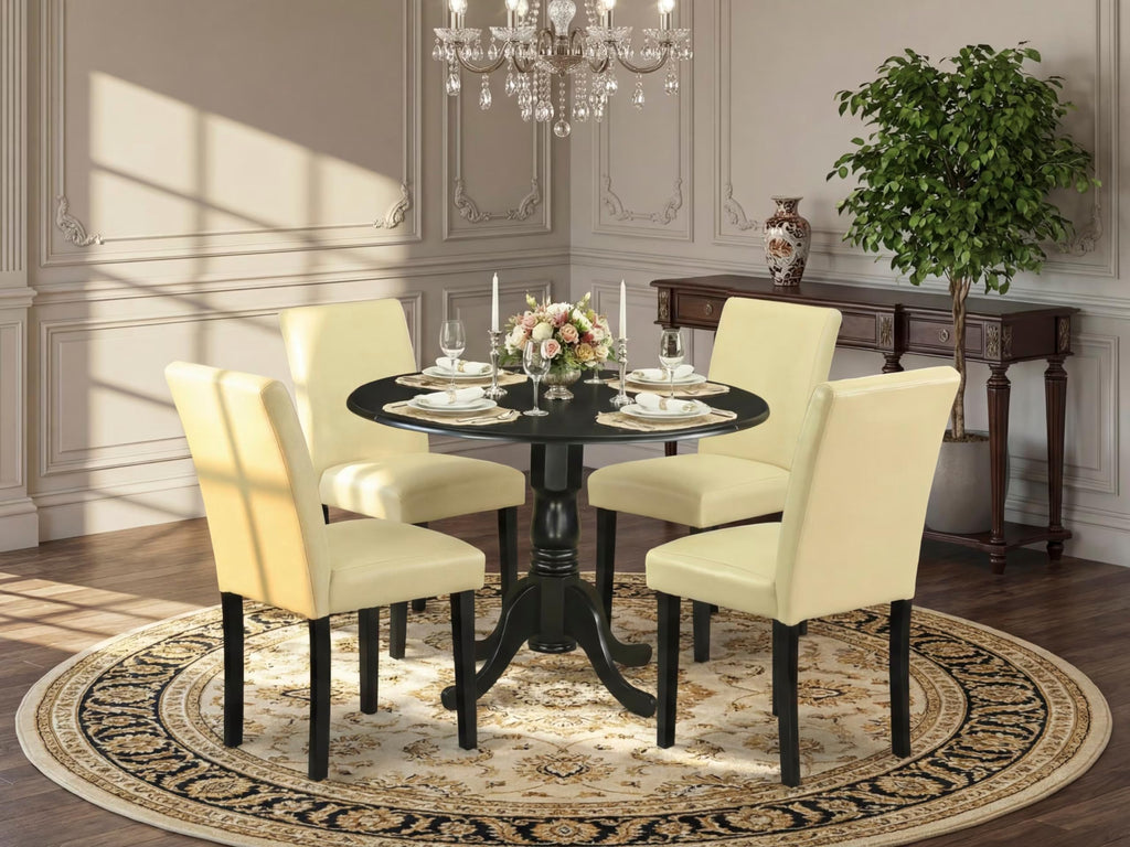 5 Piece Round Dining Table Set with Dropleaf and 4 Faux Leather Chairs Q7134