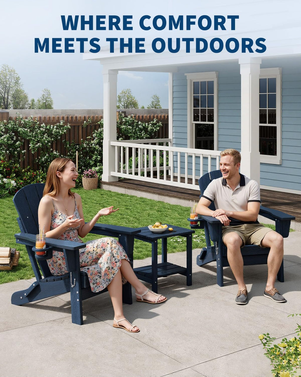 Navy Blue HDPE Folding Adirondack Chair Set of 6 with Cup Holder O2961