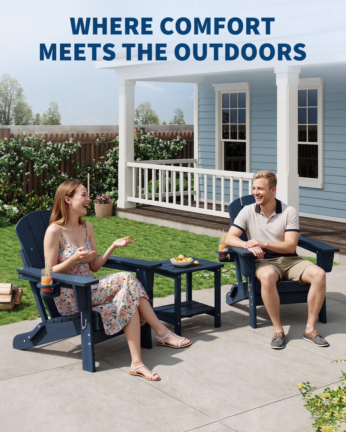 Navy Blue HDPE Folding Adirondack Chair Set of 6 with Cup Holder O2961