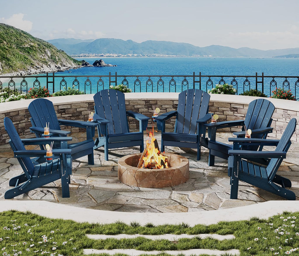 Navy Blue HDPE Folding Adirondack Chair Set of 6 with Cup Holder O2961