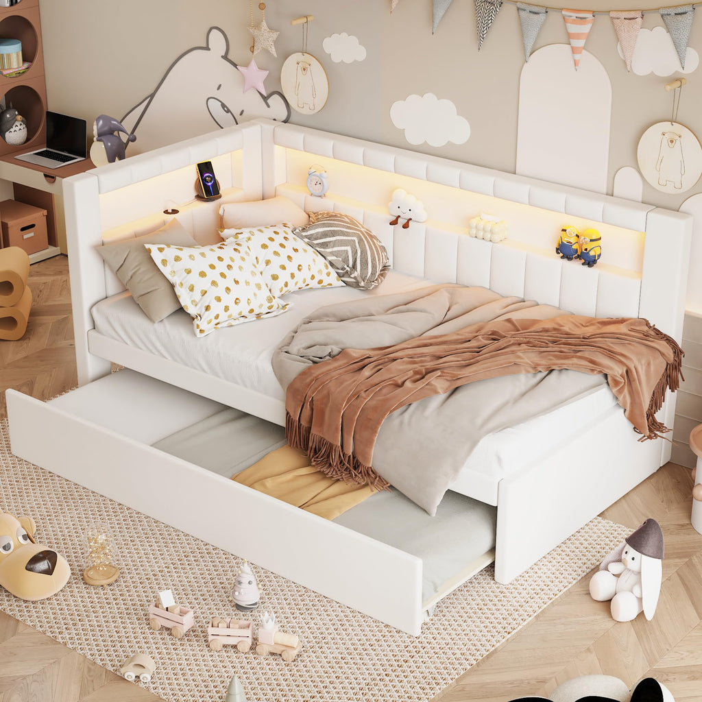 White Linen Upholstered Twin Size Daybed with Trundle and Bookcase Headboard J385657