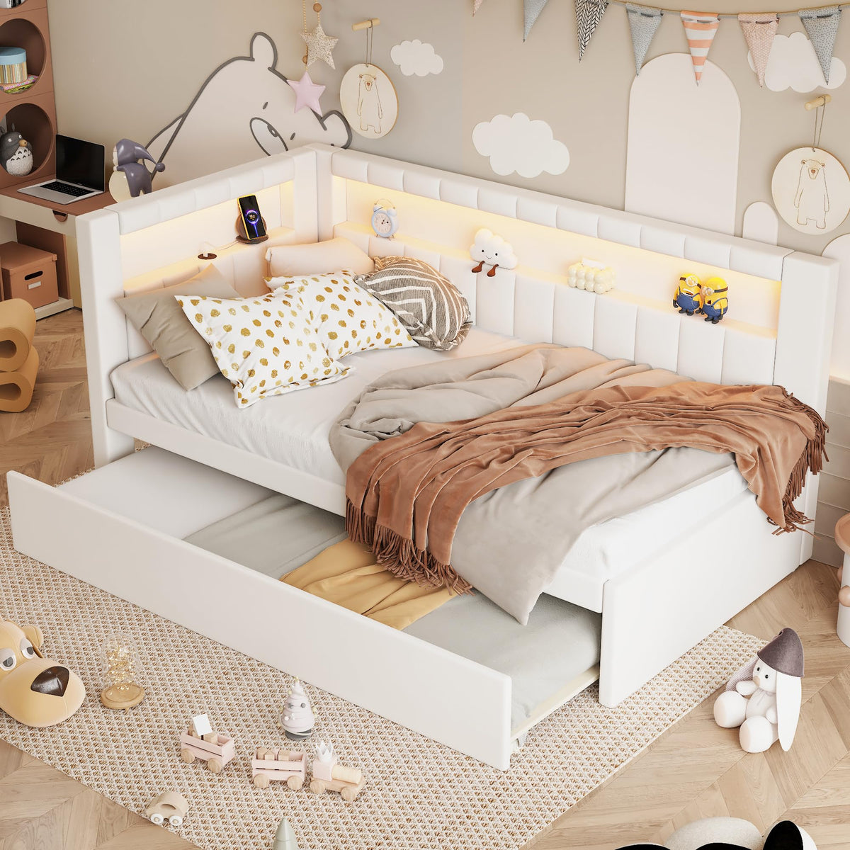 White Linen Upholstered Twin Size Daybed with Trundle and Bookcase Headboard J385657
