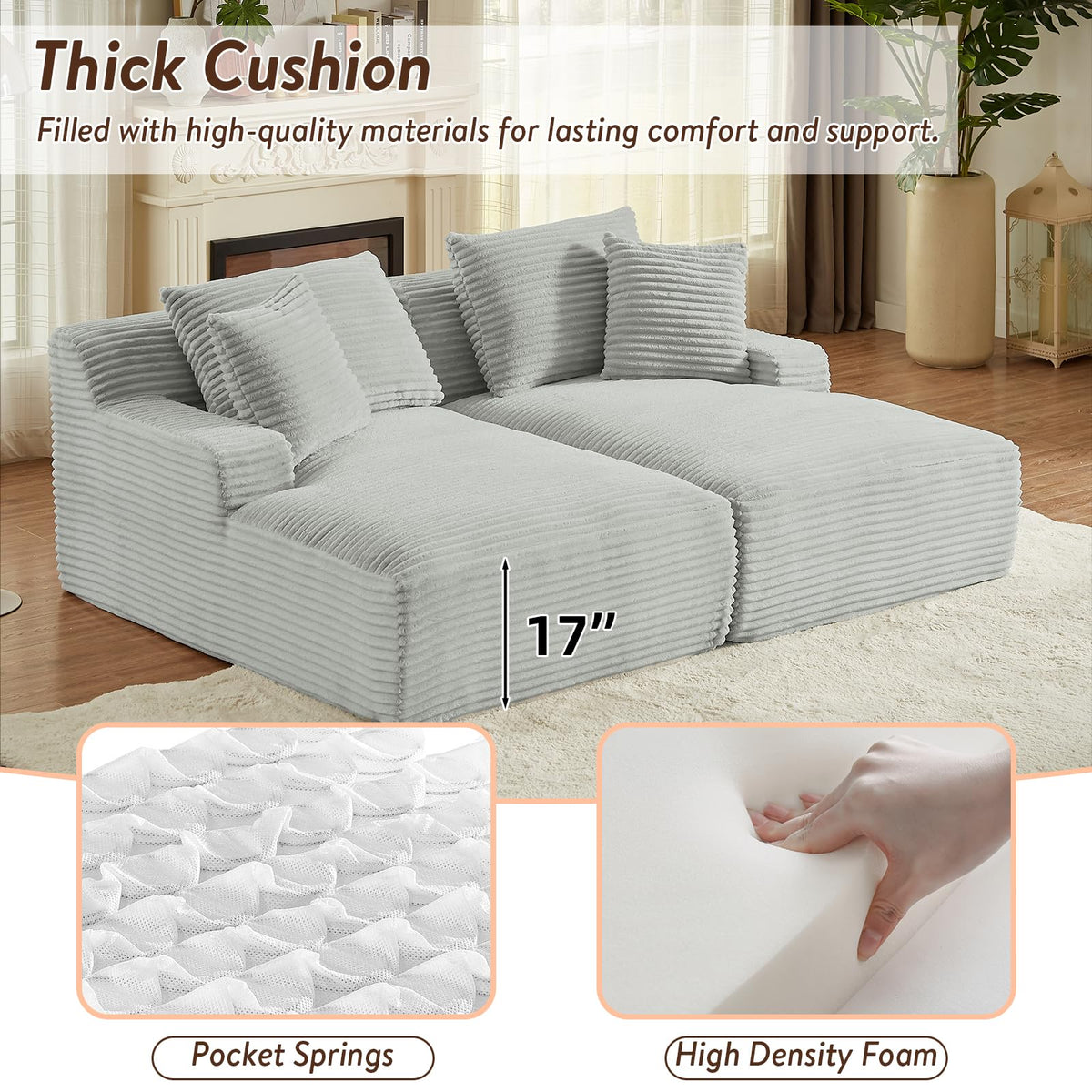 Oversized Corduroy Chaise Lounge Sofa Bed with Throw Pillows N376