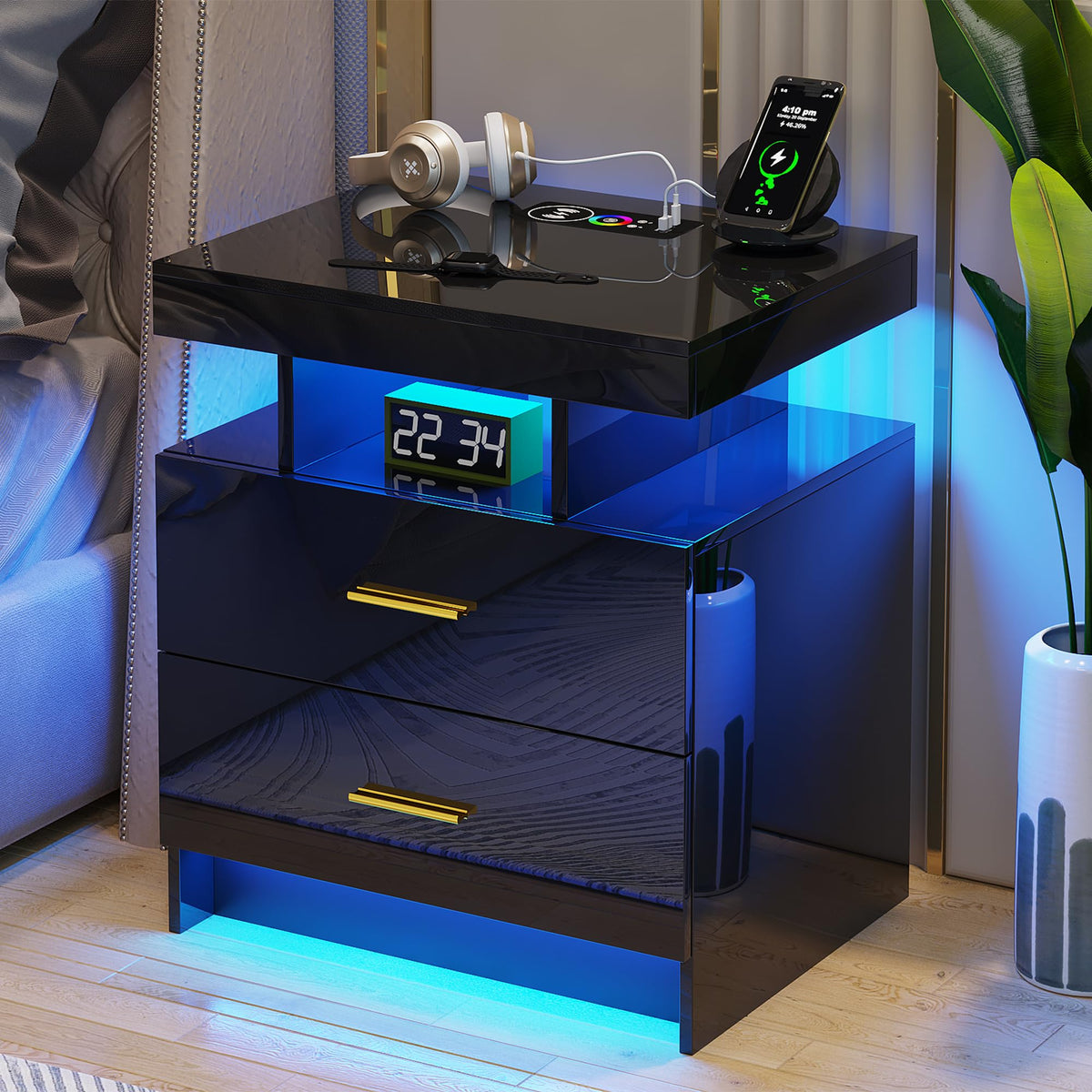 Black LED Nightstand with USB Type-C Charging F734