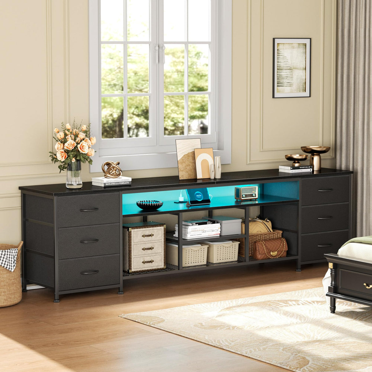 Black Dresser TV Stand with LED Lights & Charging Station C536