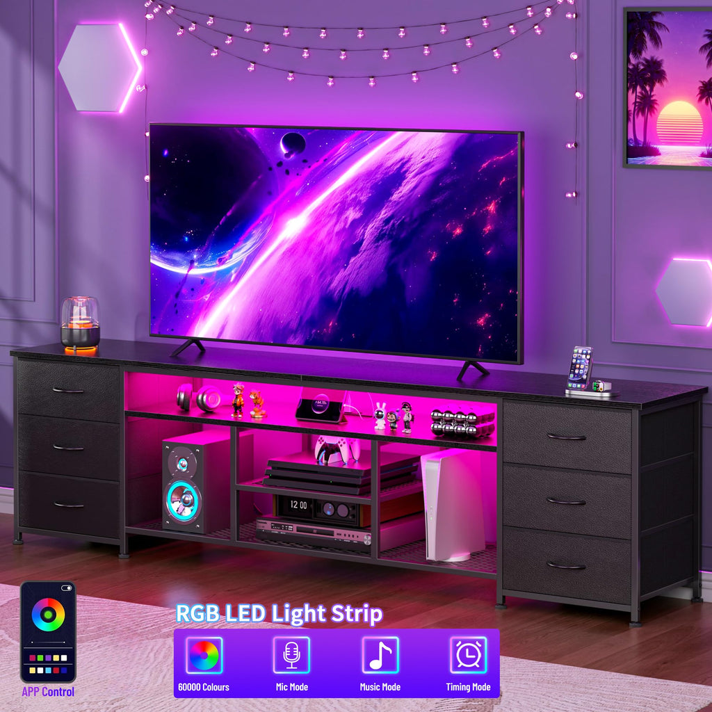 Black Dresser TV Stand with LED Lights & Charging Station C536