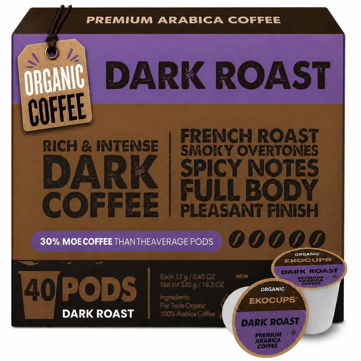 Organic Dark Roast Coffee Pods, 40 Recyclable Capsules E939