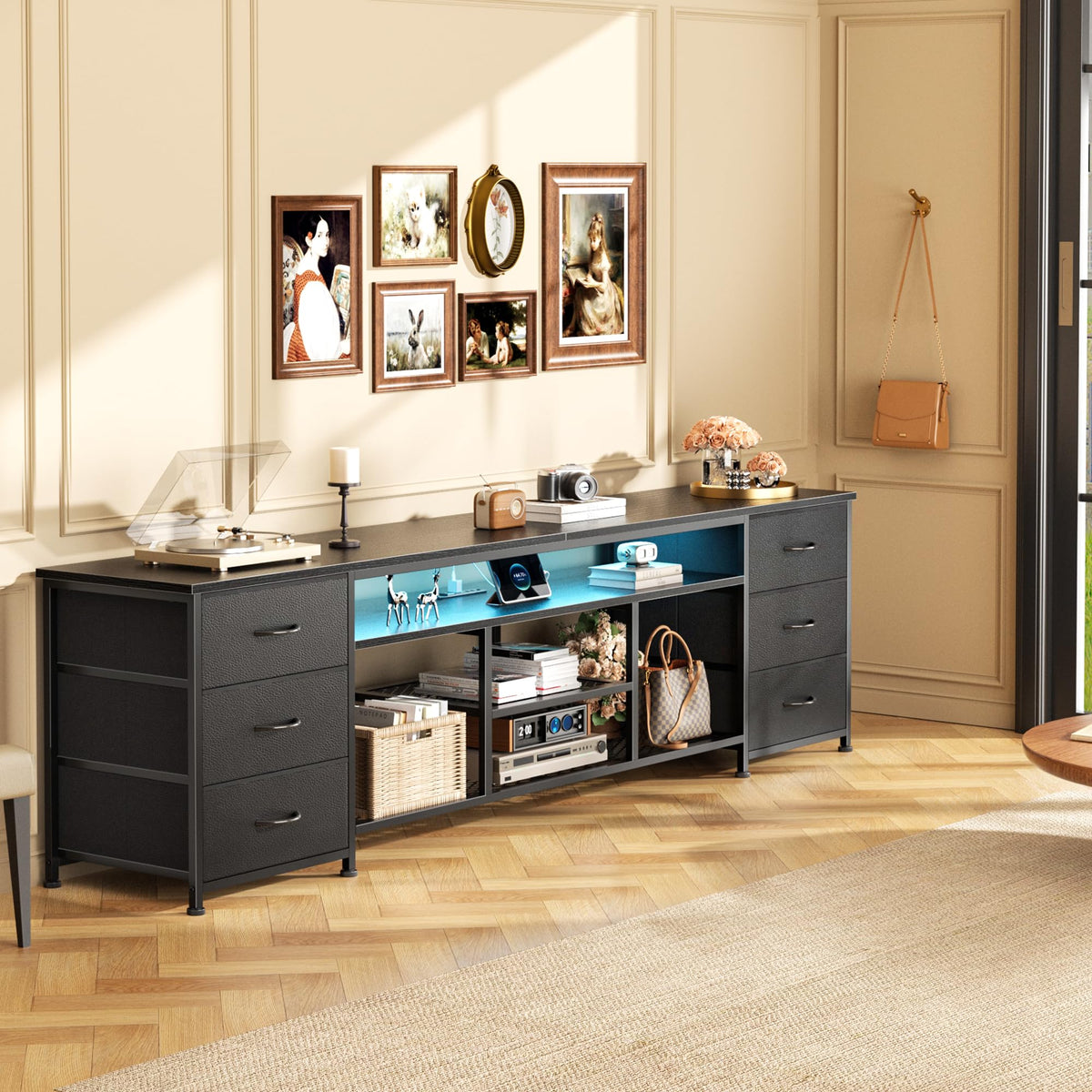 Black Dresser TV Stand with LED Lights & Charging Station C536