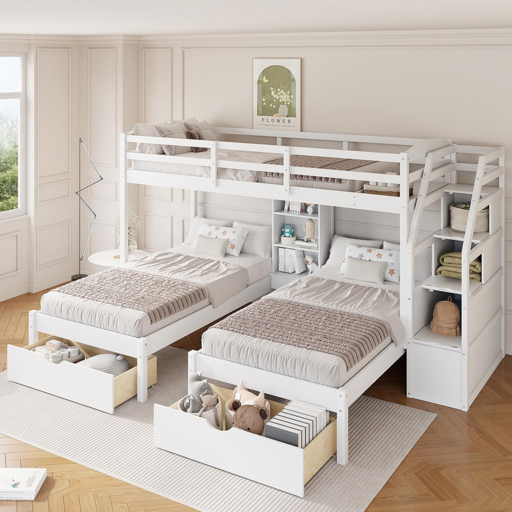 White Wood Twin over Twin Bunk Bed with Storage Drawers and Stairs K63689