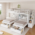 White Wood Twin over Twin Bunk Bed with Storage Drawers and Stairs K63689