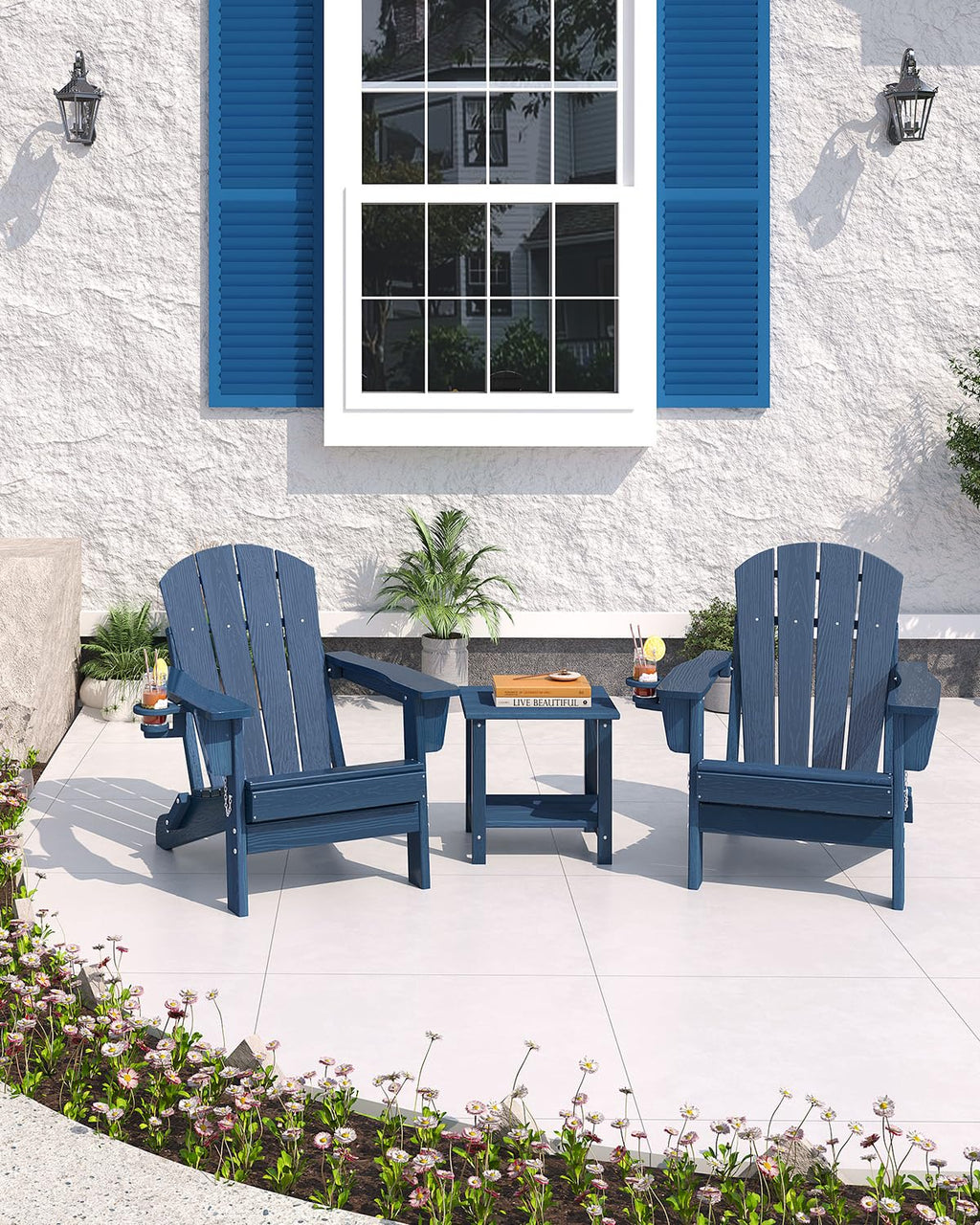 Navy Blue HDPE Folding Adirondack Chair Set of 6 with Cup Holder O2961