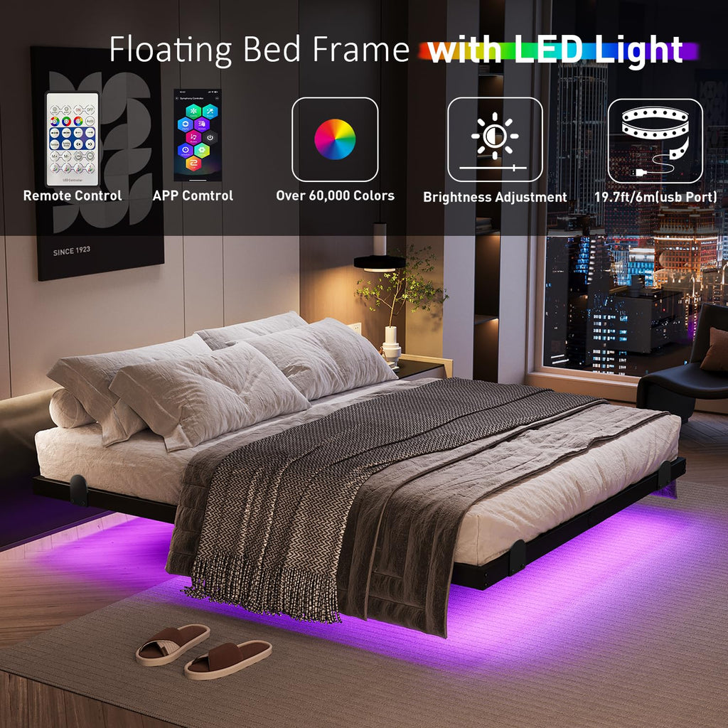 Queen Floating Bed Frame with LED Lights and Charging Station I283995