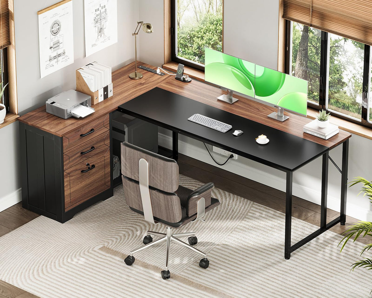 61" L Shaped Office Desk with Wood Drawers E11605