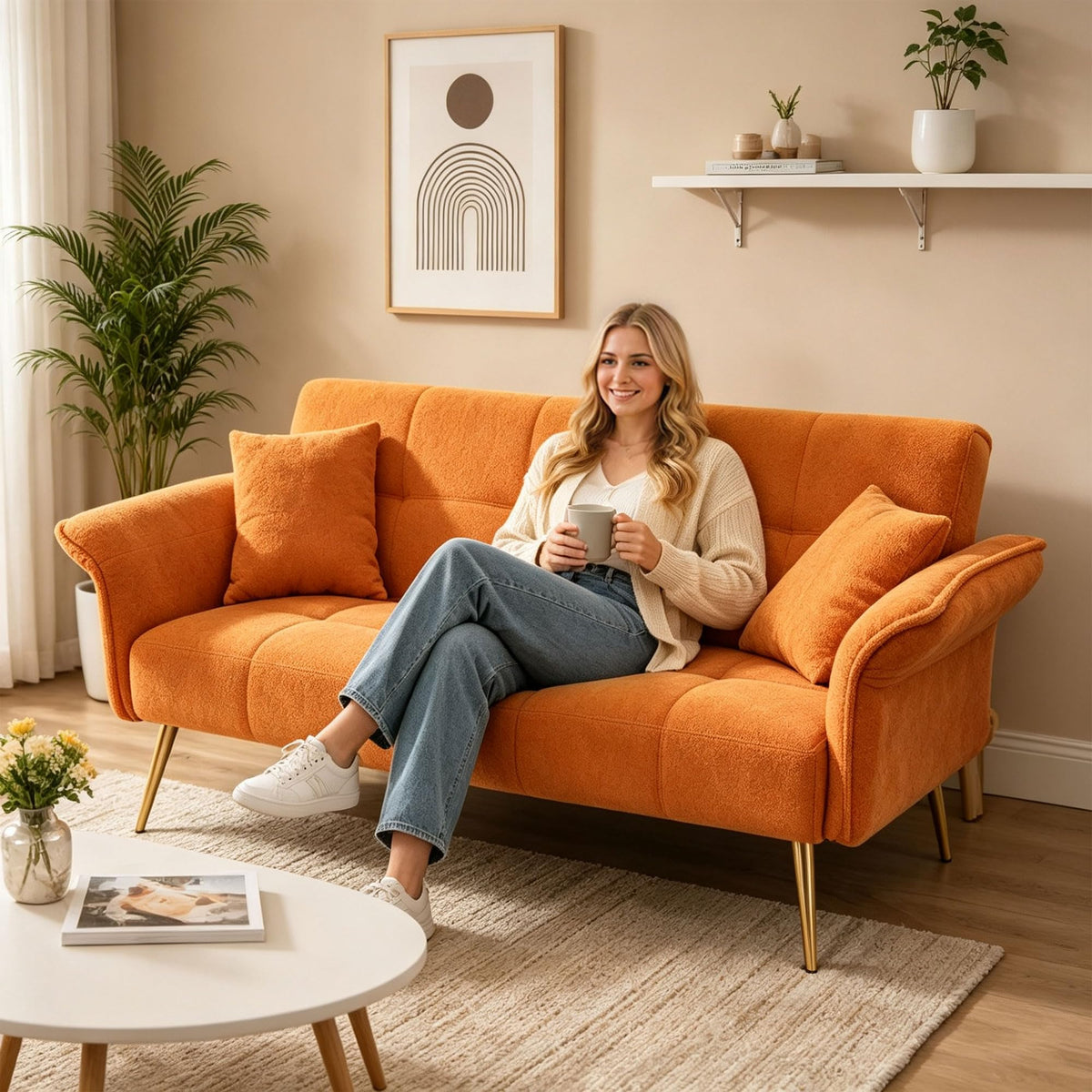 Orange Velvet 2 Seater Futon Sofa Bed D1334