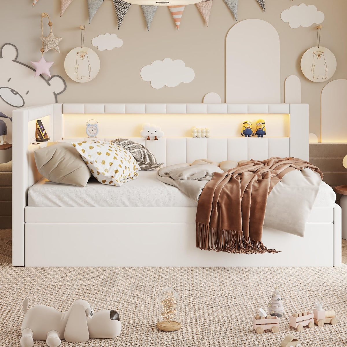 White Linen Upholstered Twin Size Daybed with Trundle and Bookcase Headboard J385657