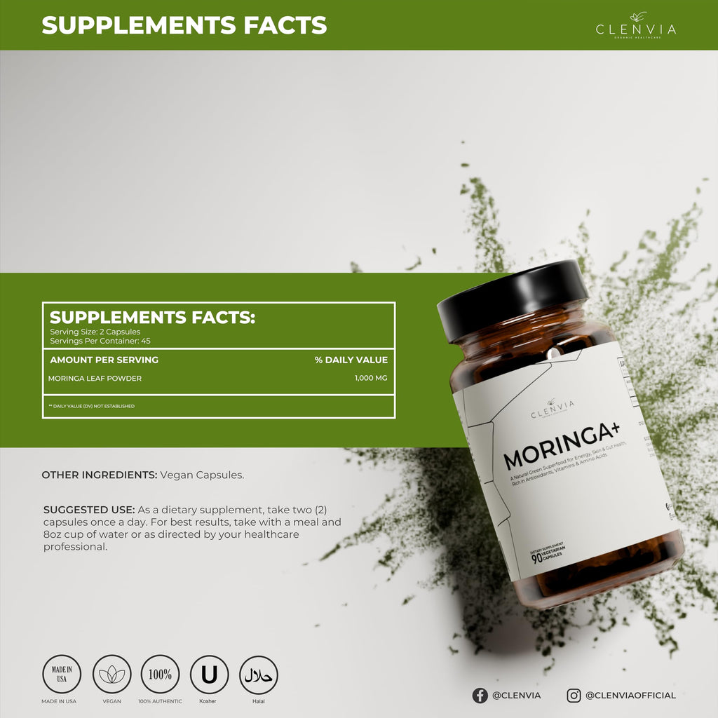 90 Capsules 1000mg Organic Moringa Leaf Powder Capsules O888559